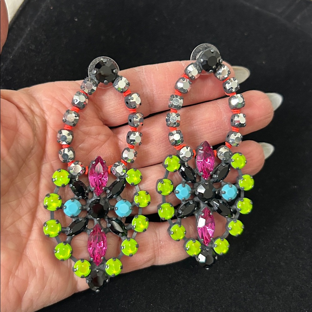 Multicolored Rhinestone Dangle Pierced Earrings - image 3